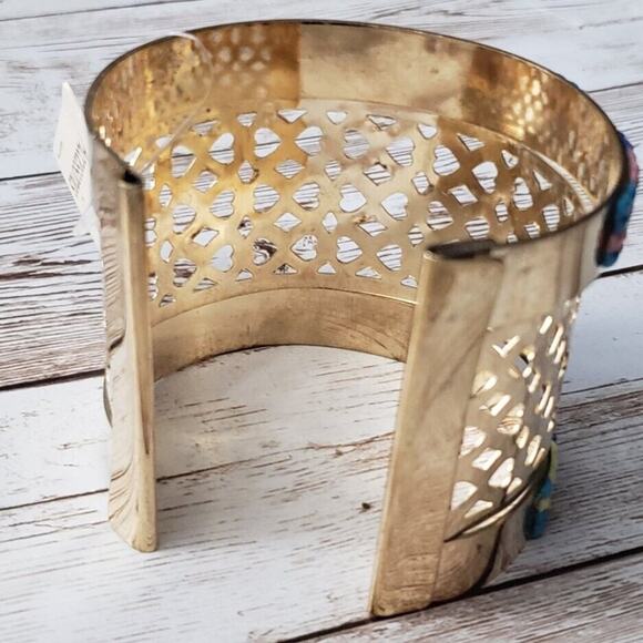 Large Statement Bracelet Cuff - Chunky Gold Tone with Beaded Multi Color Detail - Picture 3 of 4